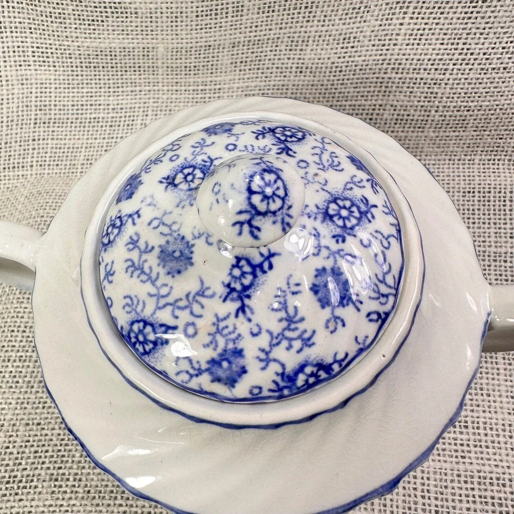 English Anchor Blue White Transferware Covered‎ Sugar Bowl England